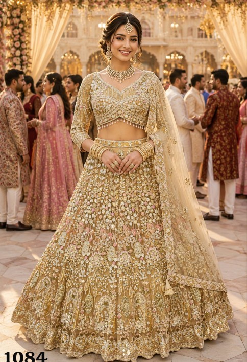 Net Lehenga Choli In Gold Colour