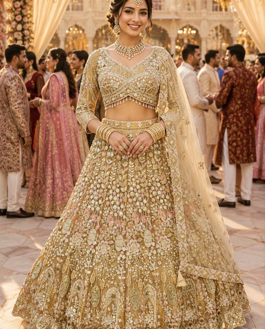 GOLDEN - Net Lehenga Choli In Gold Colour