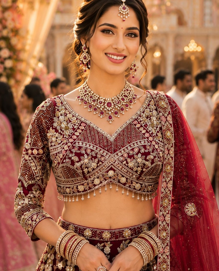 RED - Net Readymade Lehenga Choli In Maroon Colour