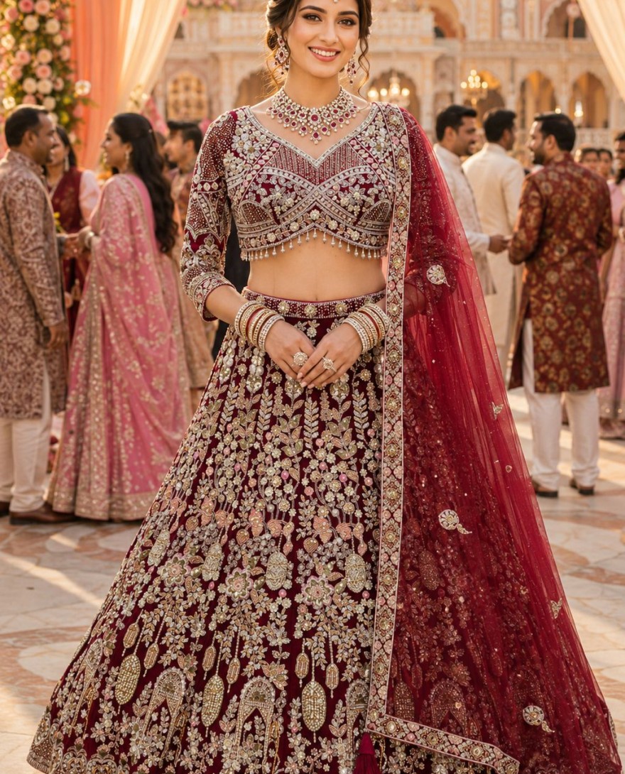 RED - Net Readymade Lehenga Choli In Maroon Colour