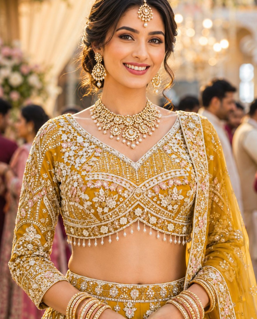 YELLOW - Mustard Net Lehenga Choli with Beads, Embroidered, Resham and Zari Work
