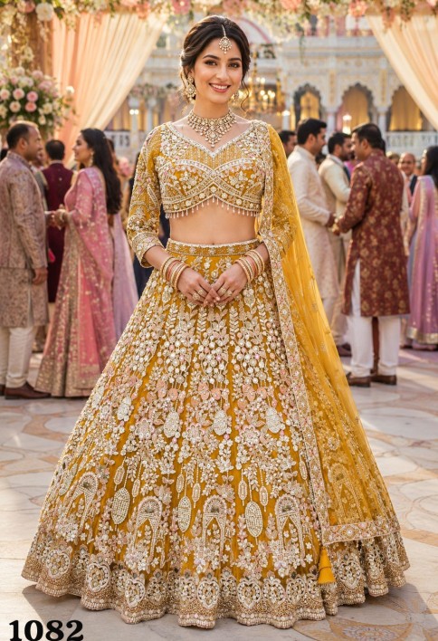 Mustard Net Lehenga Choli with Beads, Embroidered, Resham and Zari Work