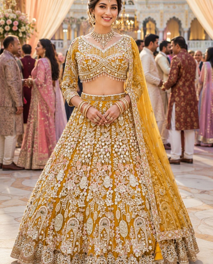 YELLOW - Mustard Net Lehenga Choli with Beads, Embroidered, Resham and Zari Work