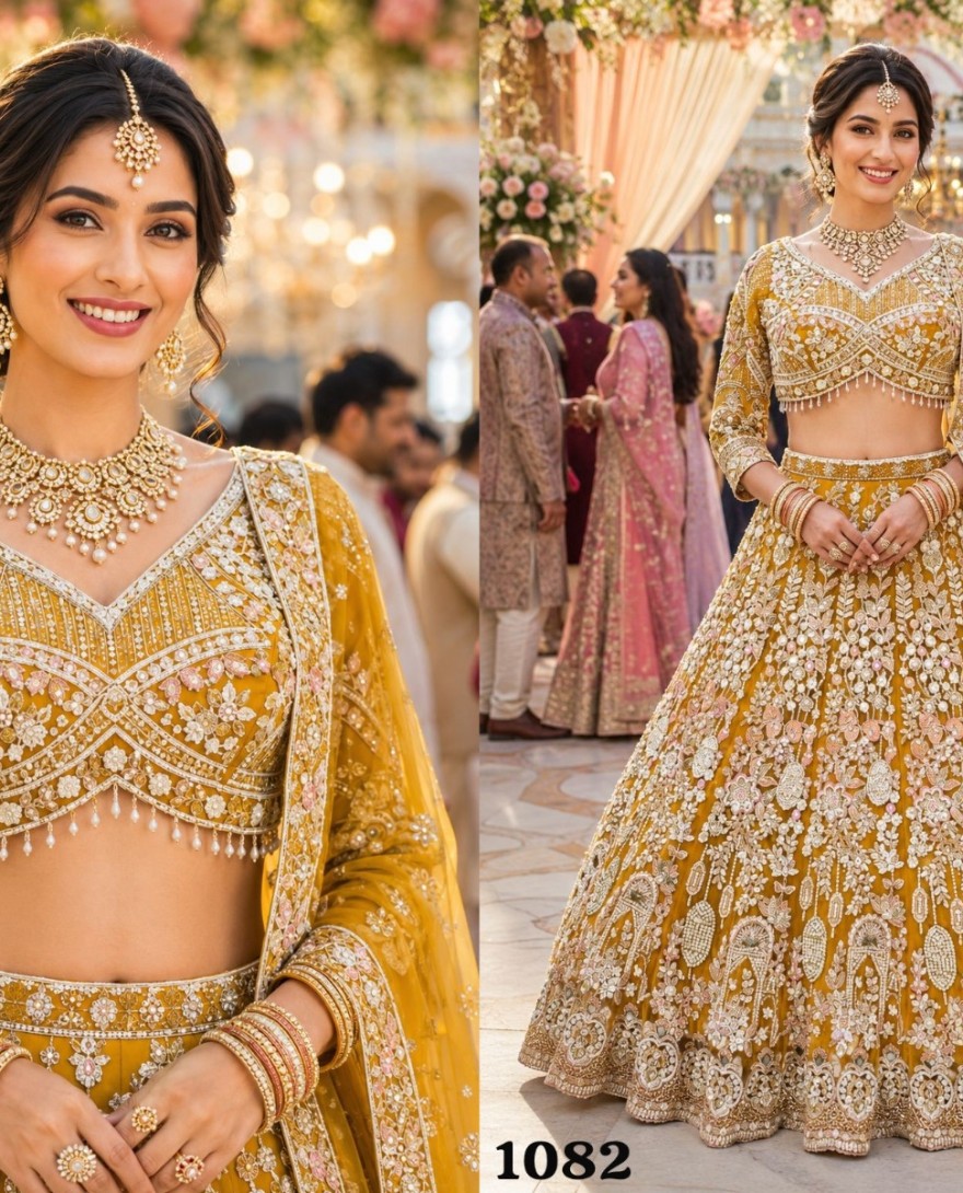 YELLOW - Mustard Net Lehenga Choli with Beads, Embroidered, Resham and Zari Work