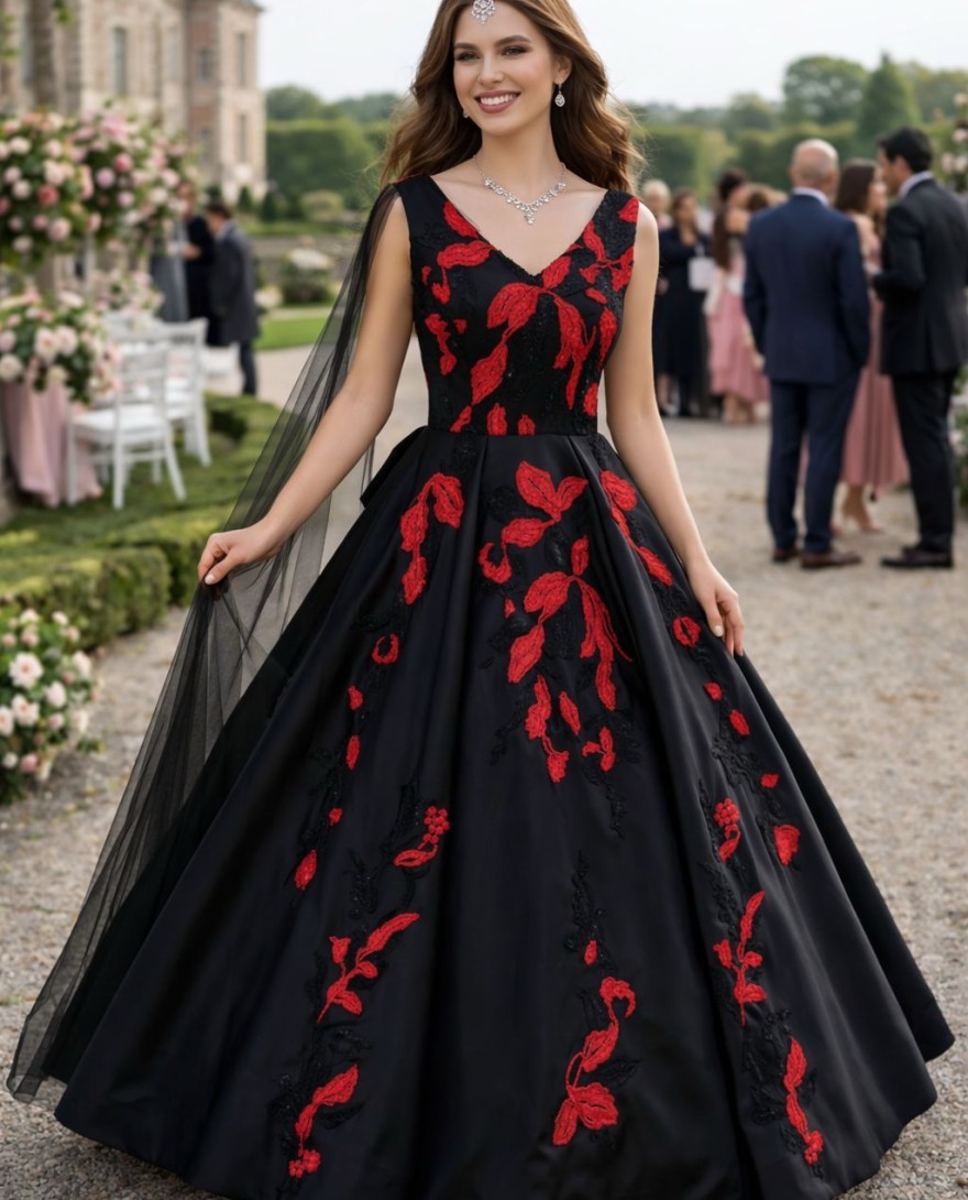 BLACK - Fancy Fabric Designer Gown In Black Colour