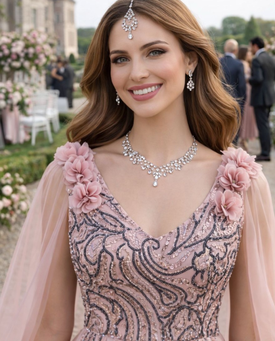 PINK - Embroidered Work Fancy Fabric Designer Gown In Pink for Ceremonial