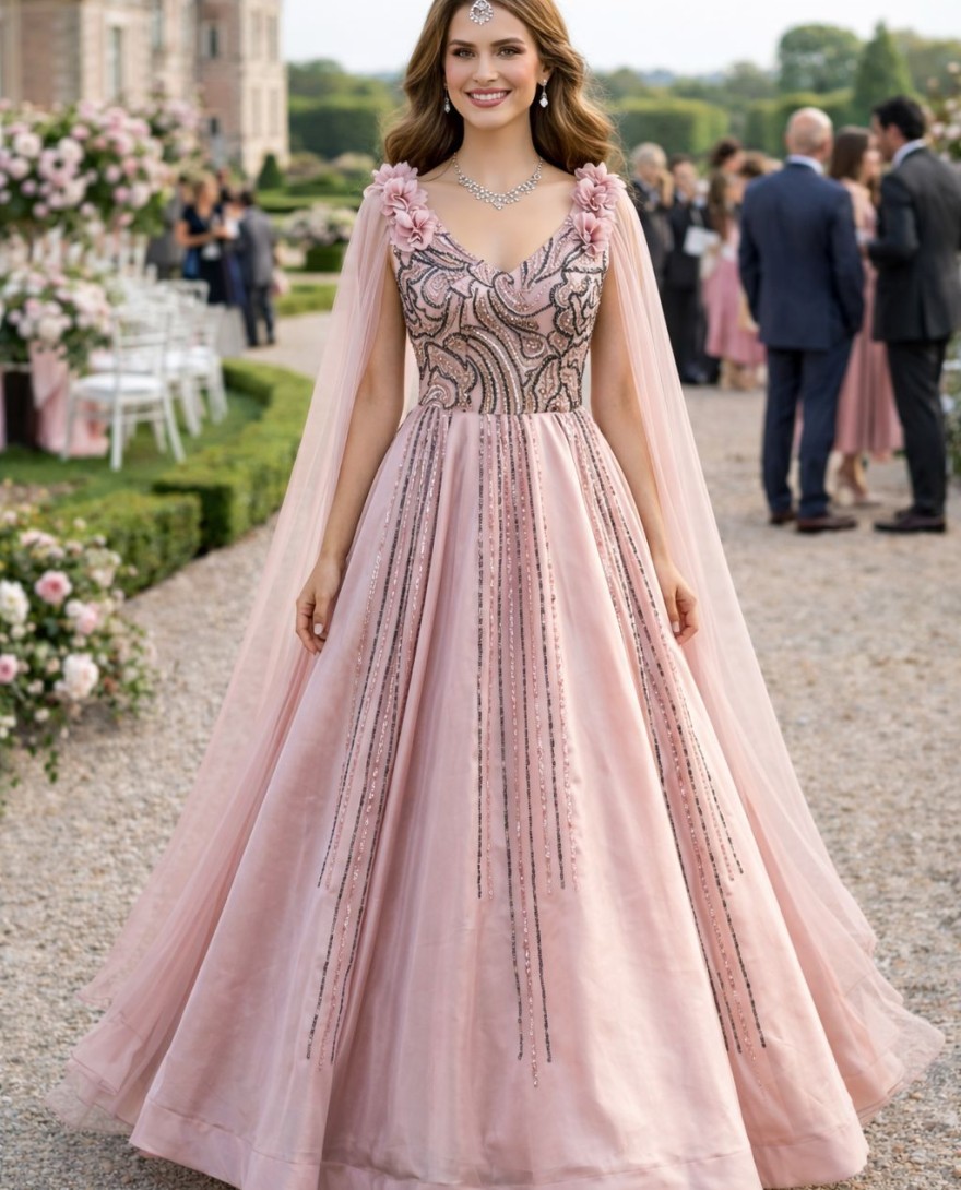 PINK - Embroidered Work Fancy Fabric Designer Gown In Pink for Ceremonial