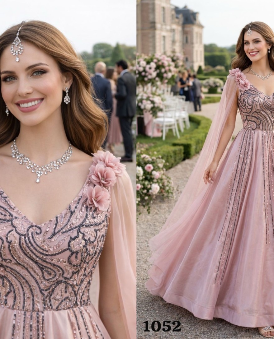 PINK - Embroidered Work Fancy Fabric Designer Gown In Pink for Ceremonial