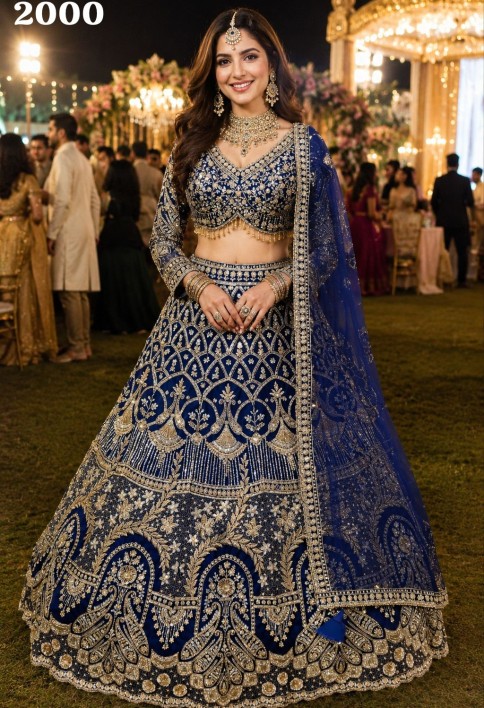 Blue Net Lehenga Choli with Beads, Embroidered and Sequins Work