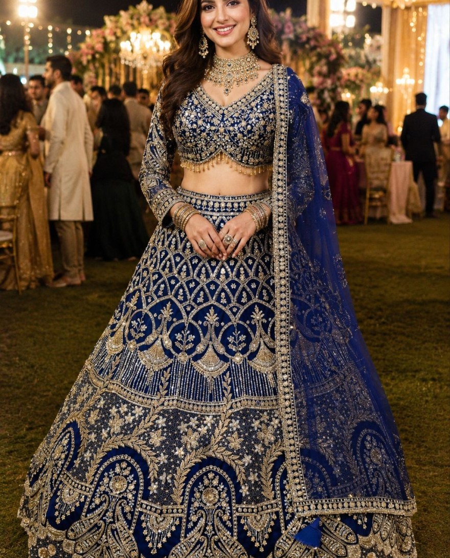 BLUE - Blue Net Lehenga Choli with Beads, Embroidered and Sequins Work