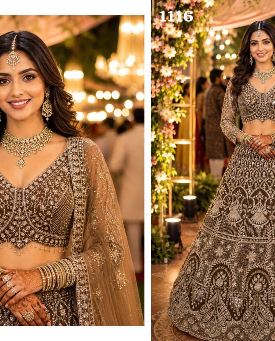 BROWN - Brown Net Beads, Embroidered, Resham and Zari Work Readymade Lehenga Choli for Ceremonial