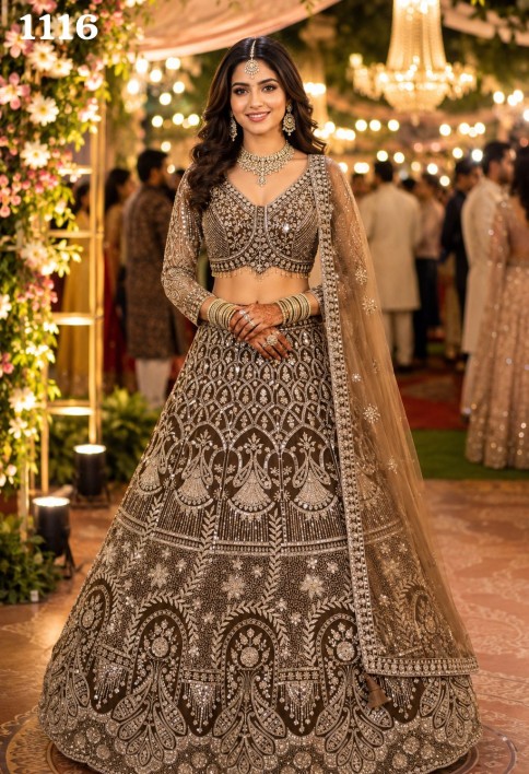 Brown Net Beads, Embroidered, Resham and Zari Work Readymade Lehenga Choli for Ceremonial