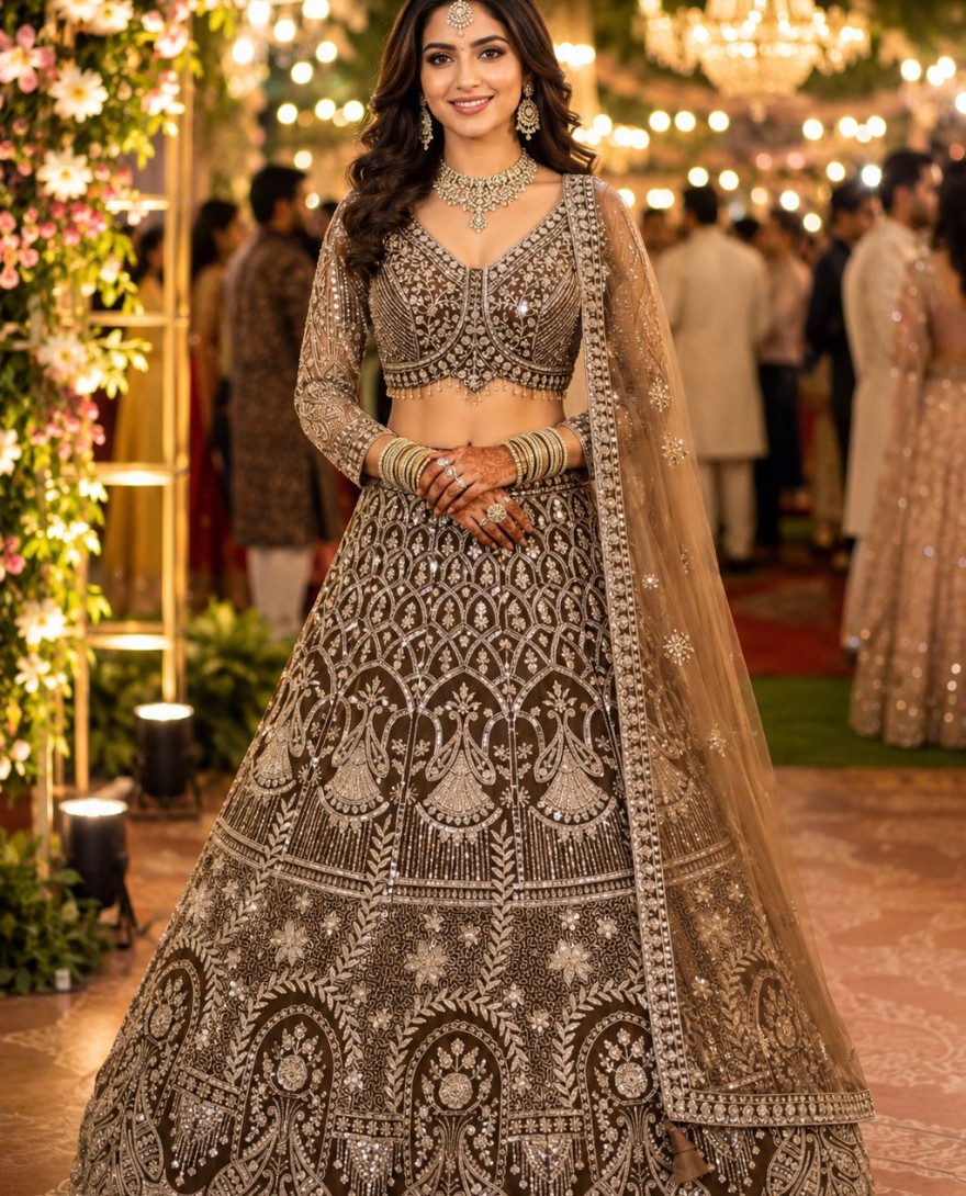 BROWN - Brown Net Beads, Embroidered, Resham and Zari Work Readymade Lehenga Choli for Ceremonial