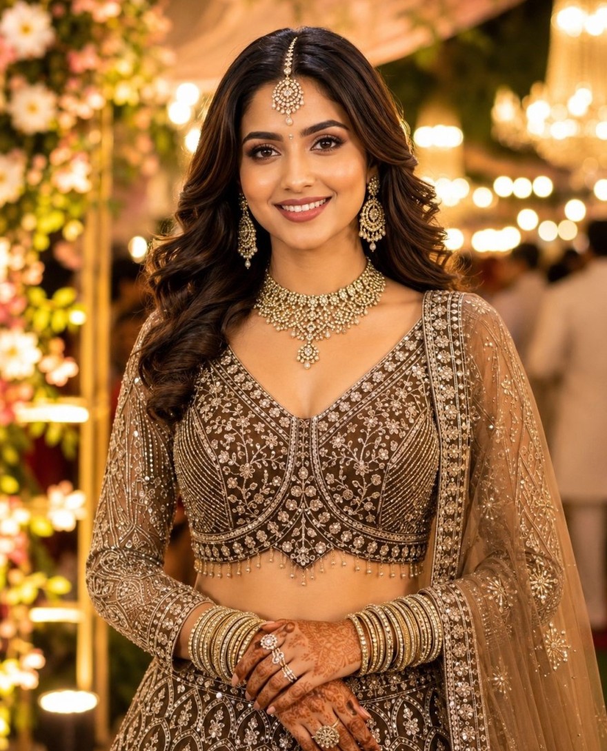 BROWN - Brown Net Beads, Embroidered, Resham and Zari Work Readymade Lehenga Choli for Ceremonial