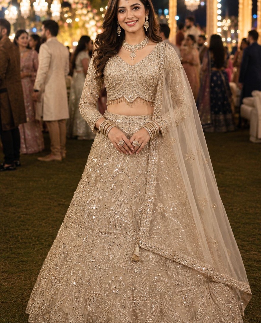 GOLDEN - Incredible Cream Net Readymade Lehenga Choli