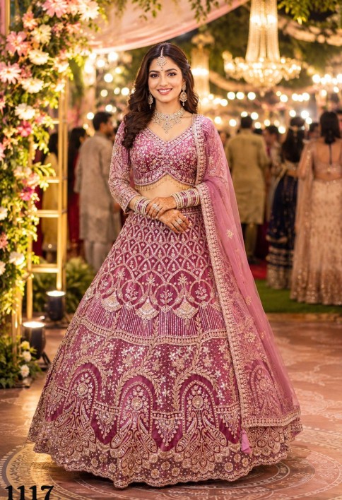 Pink Net Lehenga Choli with Beads, Embroidered, Resham and Zari Work for Ceremonial