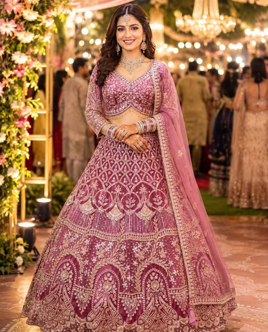 PINK - Pink Net Lehenga Choli with Beads, Embroidered, Resham and Zari Work for Ceremonial