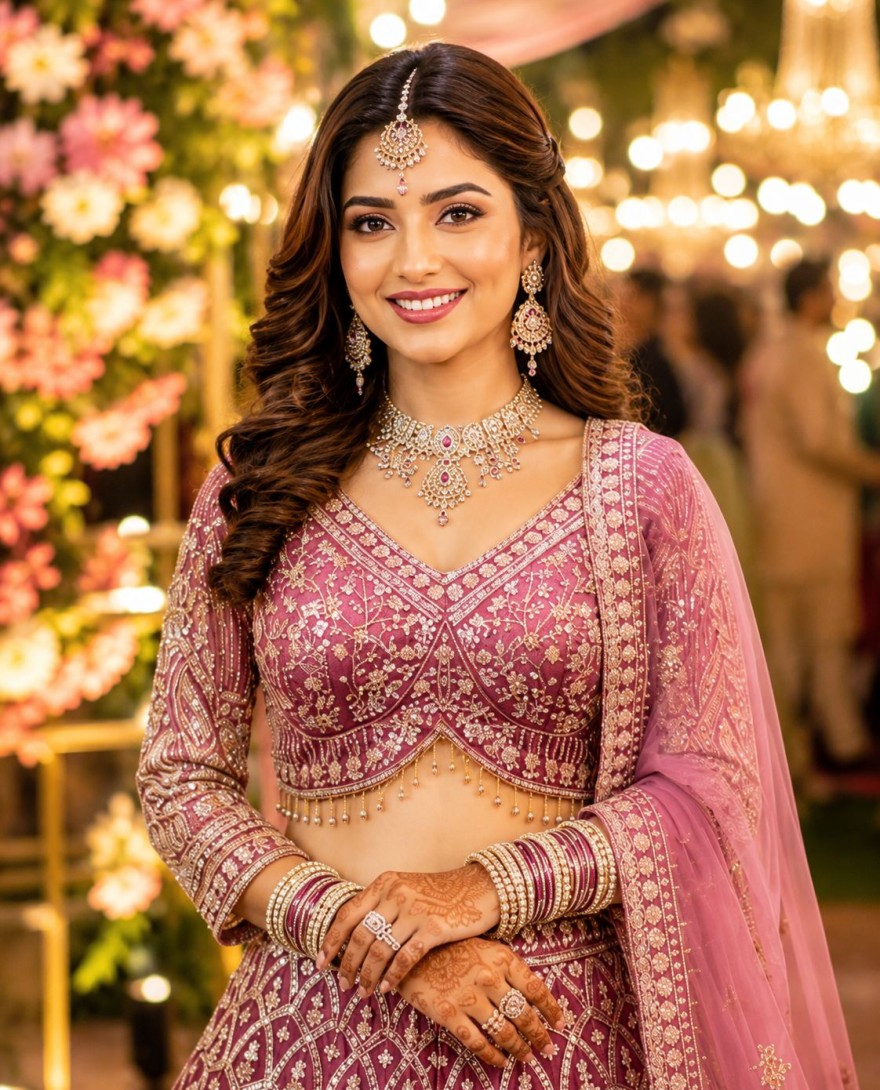 PINK - Pink Net Lehenga Choli with Beads, Embroidered, Resham and Zari Work for Ceremonial