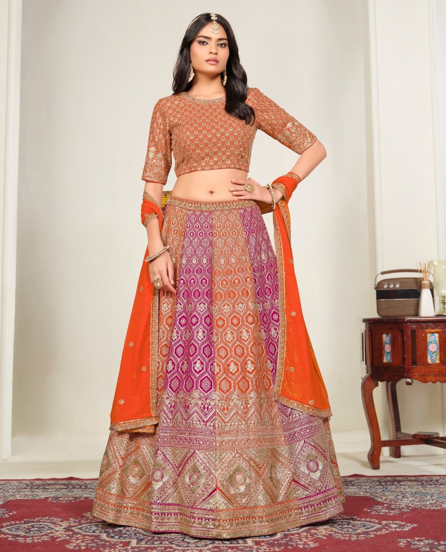 ORANGE - Captivating Orange and Rani Faux Georgette Lehenga Choli with Embroidered, Sequins and Zari Work