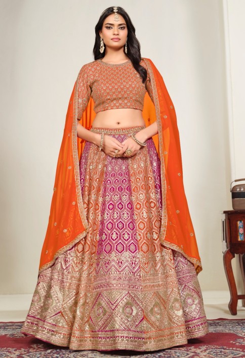 Captivating Orange and Rani Faux Georgette Lehenga Choli with Embroidered, Sequins and Zari Work