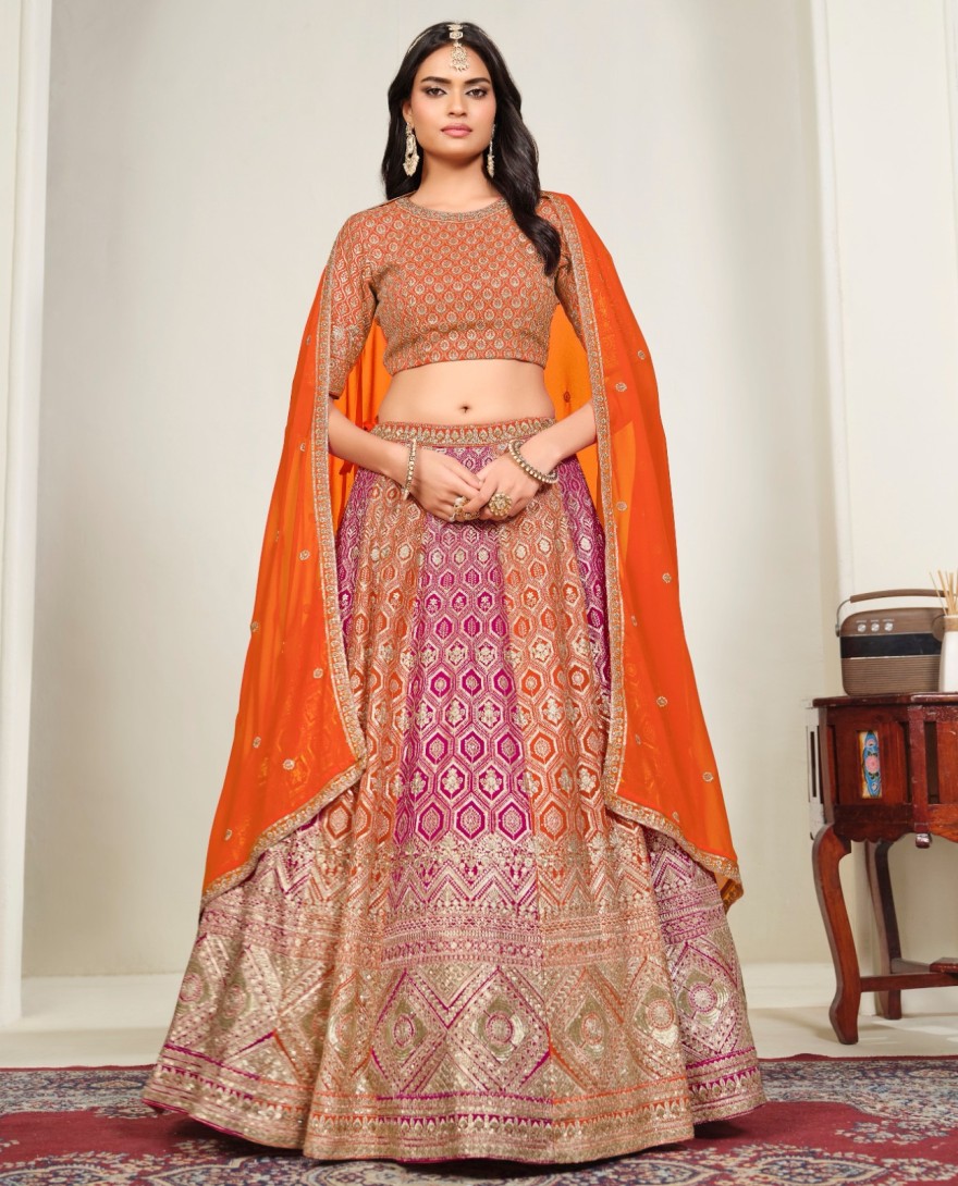 ORANGE - Captivating Orange and Rani Faux Georgette Lehenga Choli with Embroidered, Sequins and Zari Work