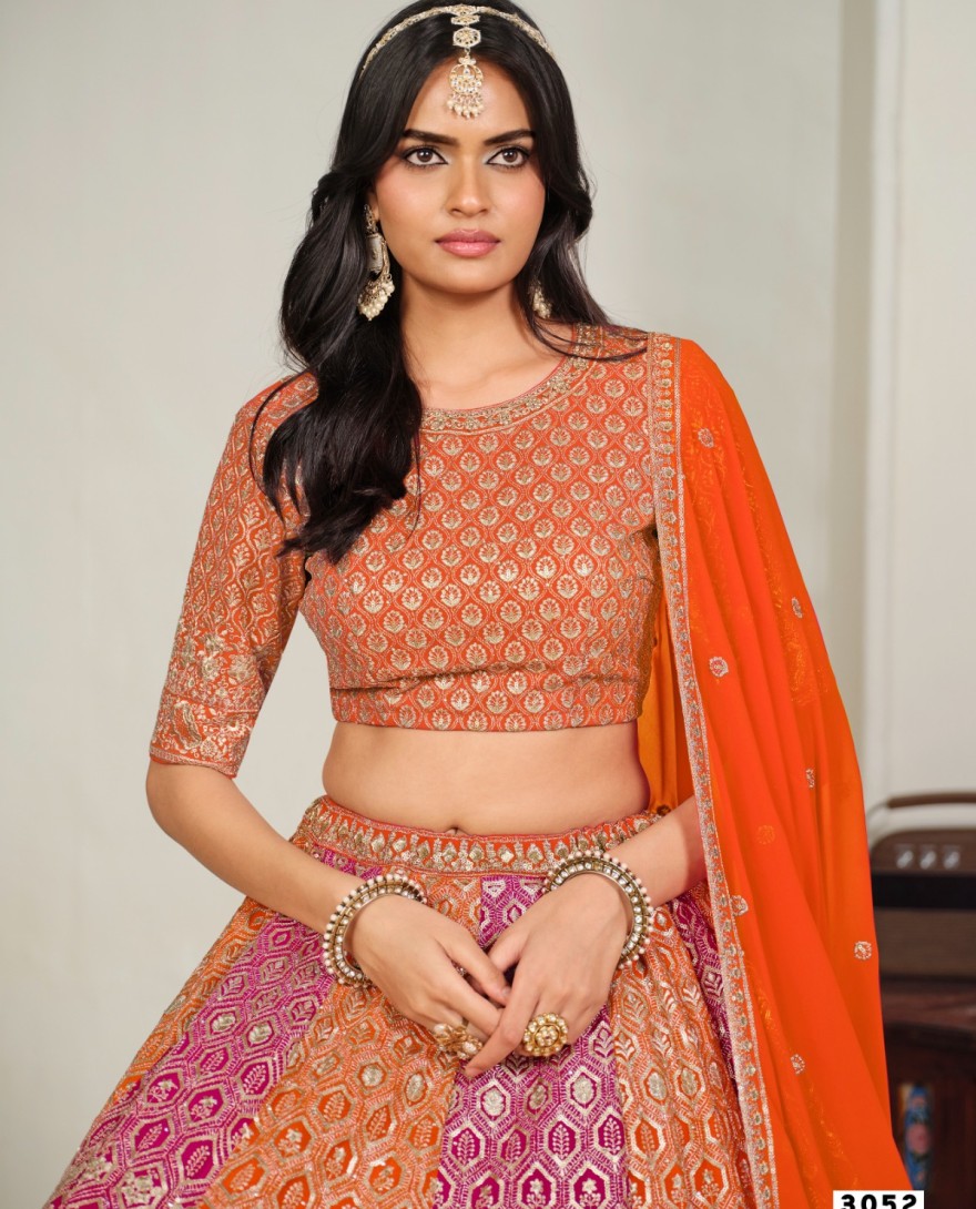 ORANGE - Captivating Orange and Rani Faux Georgette Lehenga Choli with Embroidered, Sequins and Zari Work