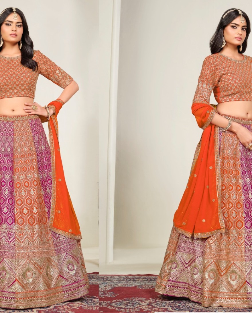 ORANGE - Captivating Orange and Rani Faux Georgette Lehenga Choli with Embroidered, Sequins and Zari Work