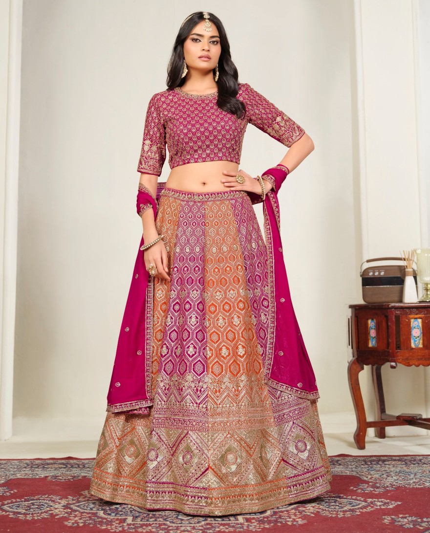 RANIPINK - Orange and Rani Faux Georgette Embroidered, Sequins and Zari Work Lehenga Choli for Ceremonial