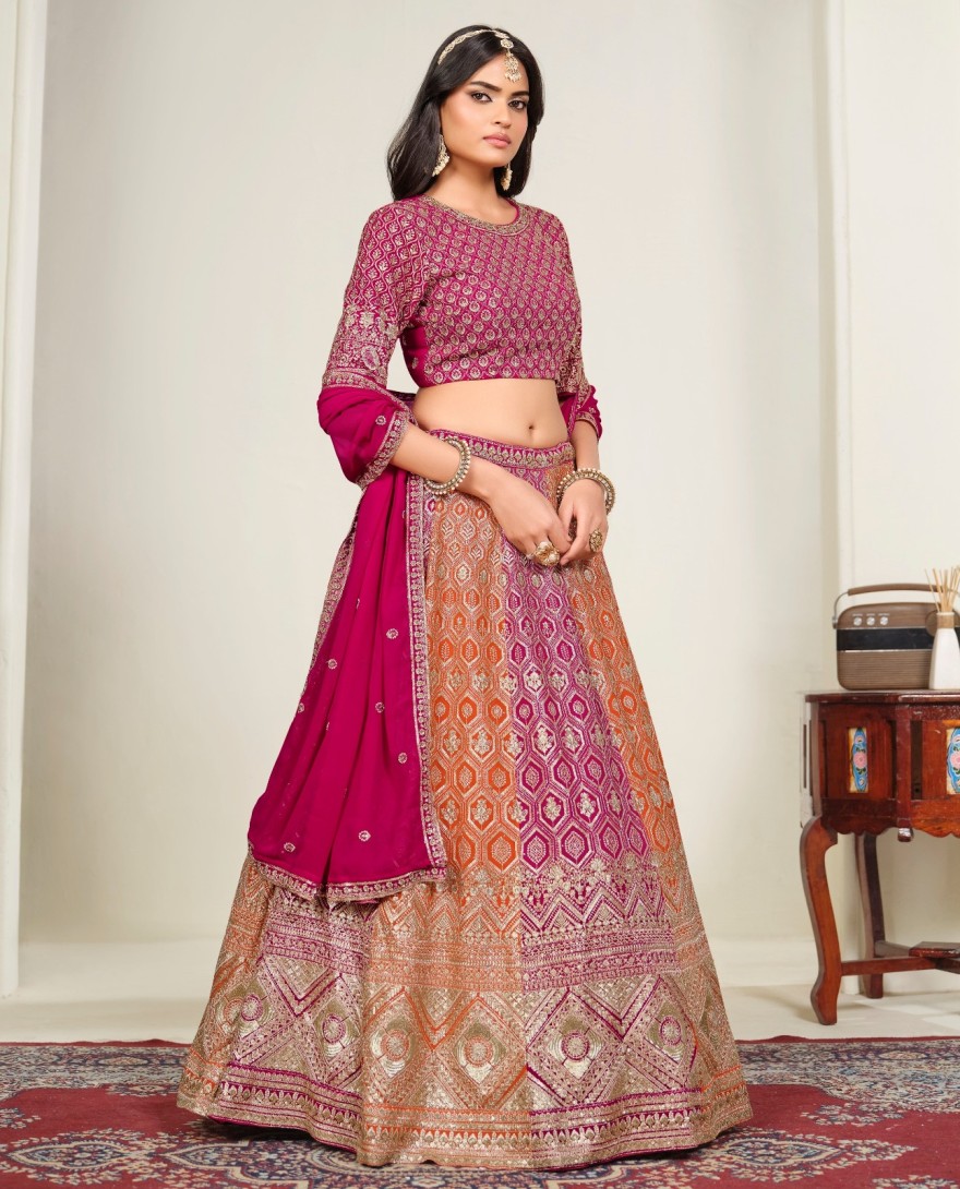 RANIPINK - Orange and Rani Faux Georgette Embroidered, Sequins and Zari Work Lehenga Choli for Ceremonial