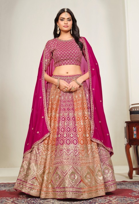 Orange and Rani Faux Georgette Embroidered, Sequins and Zari Work Lehenga Choli for Ceremonial