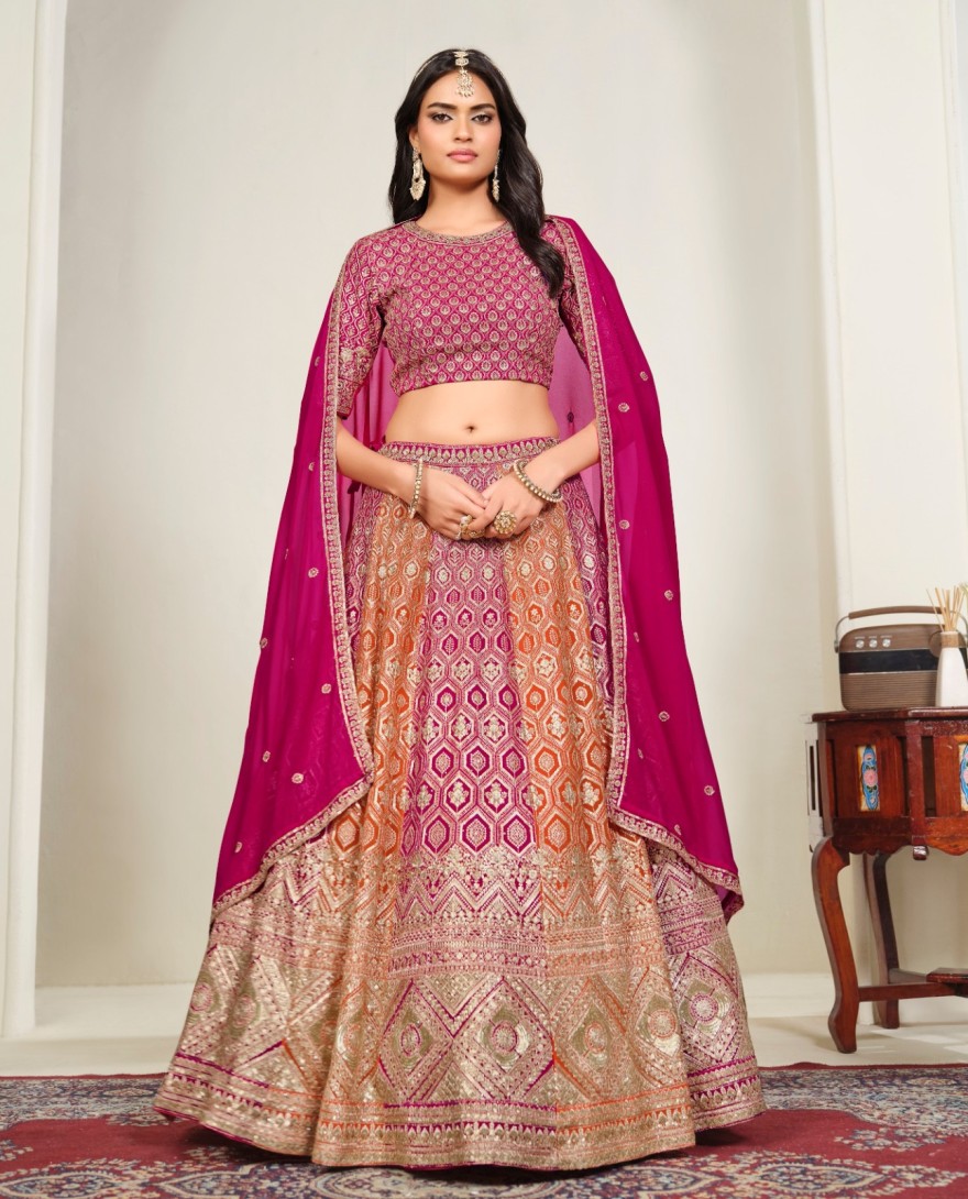 RANIPINK - Orange and Rani Faux Georgette Embroidered, Sequins and Zari Work Lehenga Choli for Ceremonial