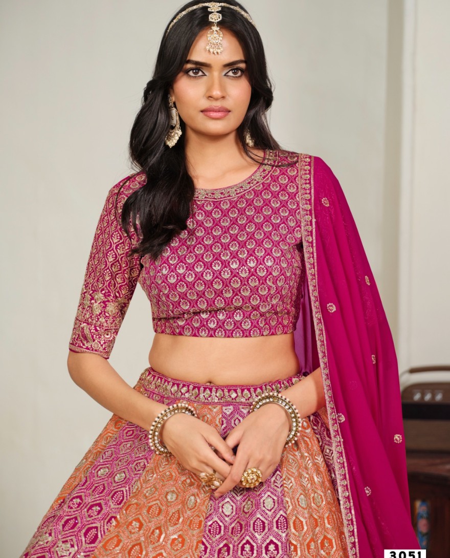 RANIPINK - Orange and Rani Faux Georgette Embroidered, Sequins and Zari Work Lehenga Choli for Ceremonial