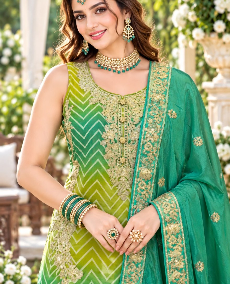 GREEN - Green and Sea Green Chinon Salwar Suit with Embroidered Work