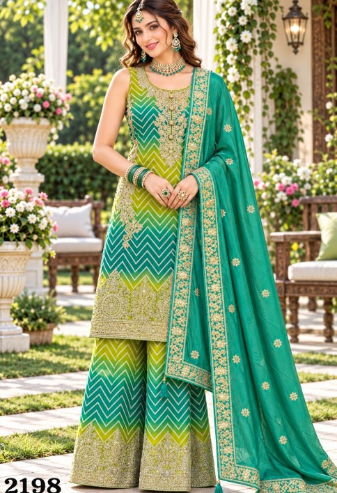 Green and Sea Green Chinon Salwar Suit with Embroidered Work