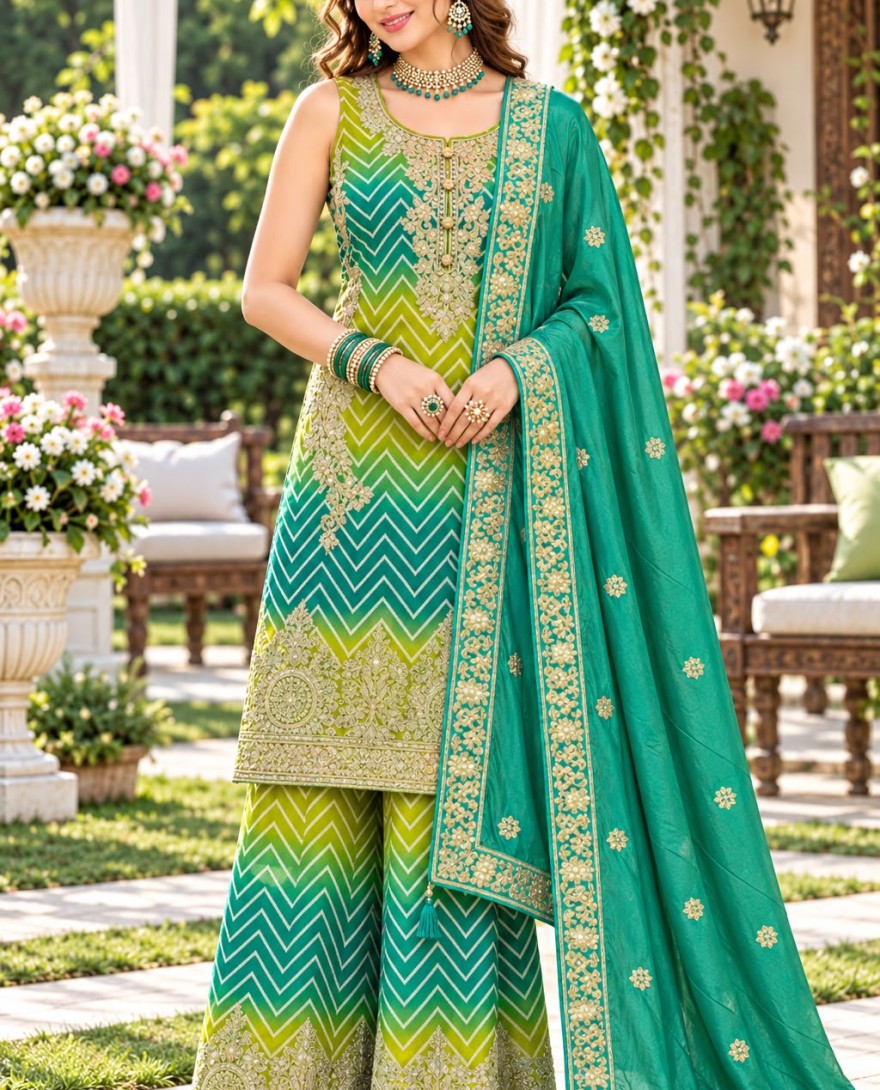 GREEN - Green and Sea Green Chinon Salwar Suit with Embroidered Work