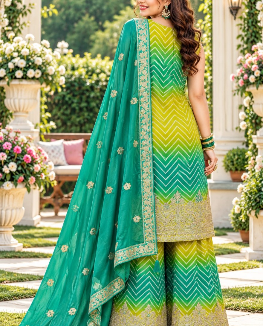 GREEN - Green and Sea Green Chinon Salwar Suit with Embroidered Work