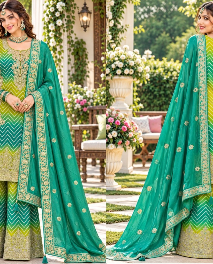 GREEN - Green and Sea Green Chinon Salwar Suit with Embroidered Work
