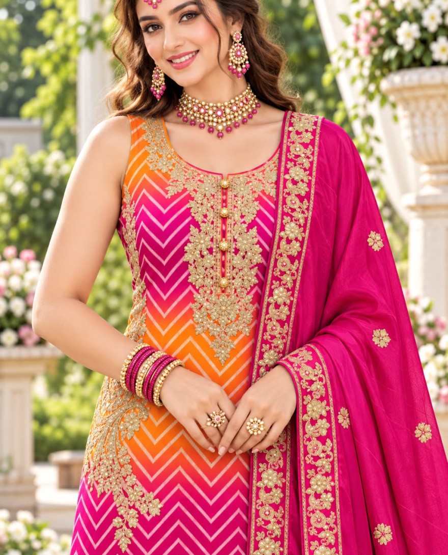 PINK - Embroidered Work Chinon Palazzo Salwar Suit In Orange and Pink Colour