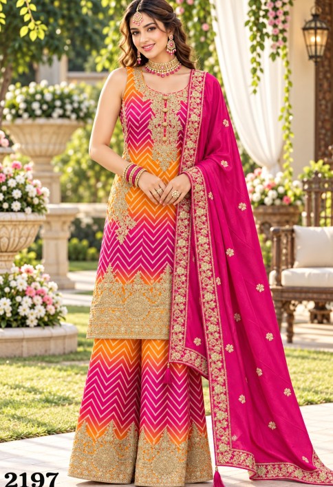 Embroidered Work Chinon Palazzo Salwar Suit In Orange and Pink Colour