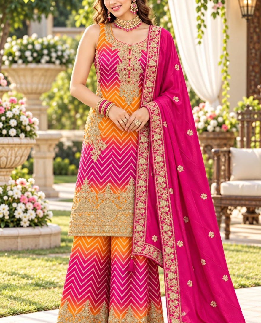 PINK - Embroidered Work Chinon Palazzo Salwar Suit In Orange and Pink Colour