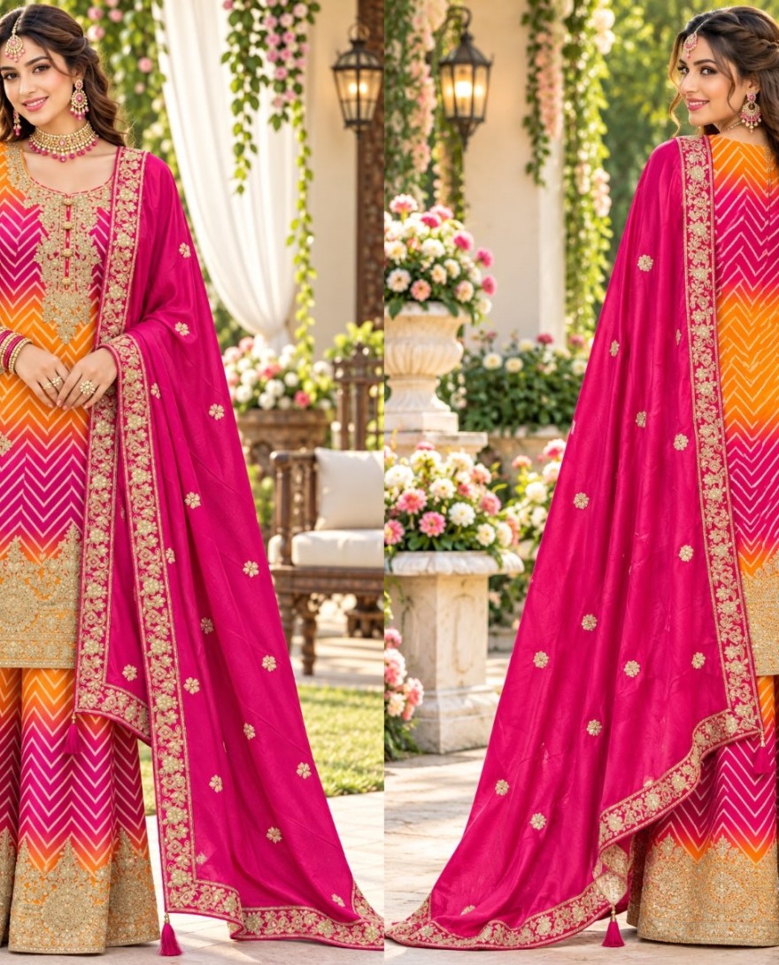 PINK - Embroidered Work Chinon Palazzo Salwar Suit In Orange and Pink Colour