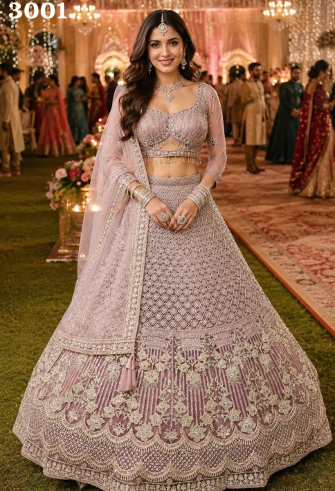 Pink Net Readymade Lehenga Choli with Embroidered and Thread Work