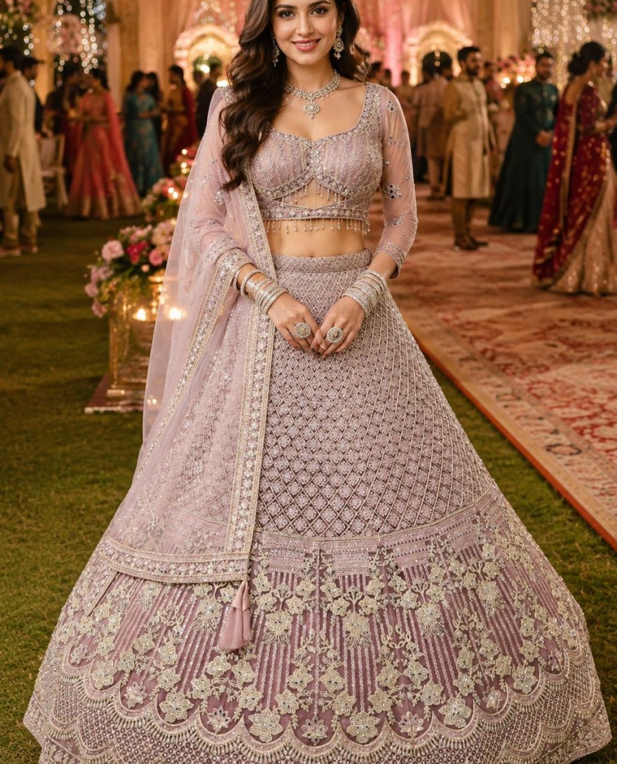 PINK - Pink Net Readymade Lehenga Choli with Embroidered and Thread Work