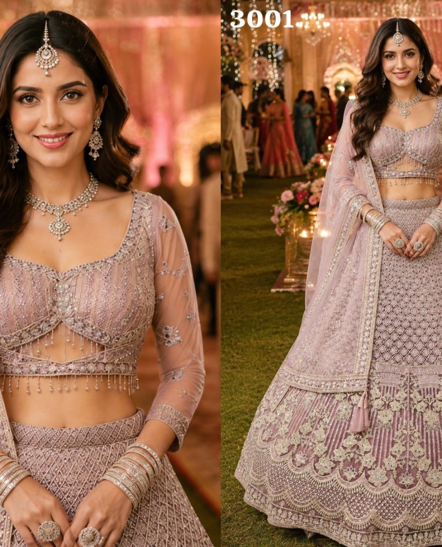 PINK - Pink Net Readymade Lehenga Choli with Embroidered and Thread Work