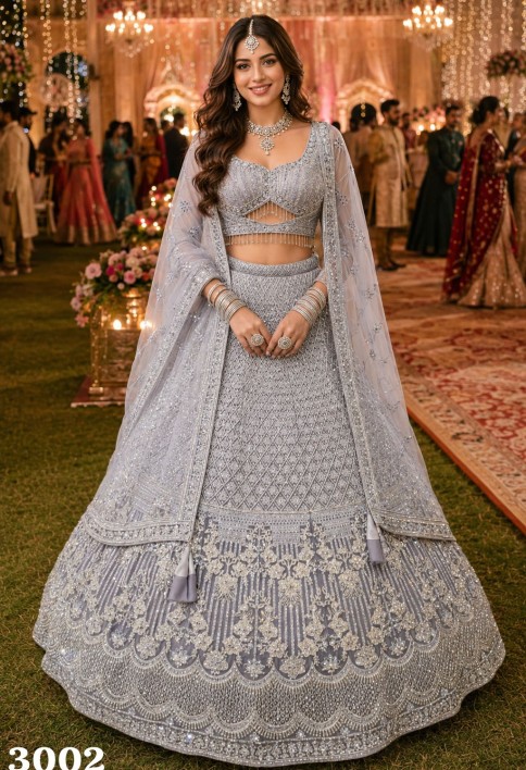 Grey Net Lehenga Choli with Embroidered and Thread Work