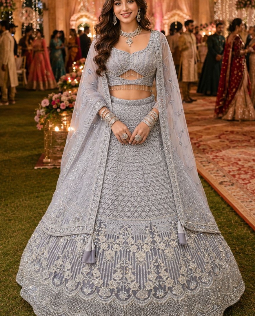 SILVER - Grey Net Lehenga Choli with Embroidered and Thread Work