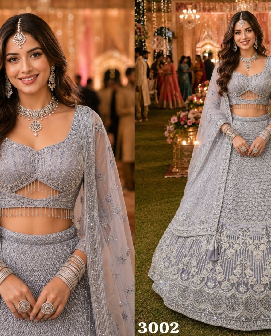 SILVER - Grey Net Lehenga Choli with Embroidered and Thread Work