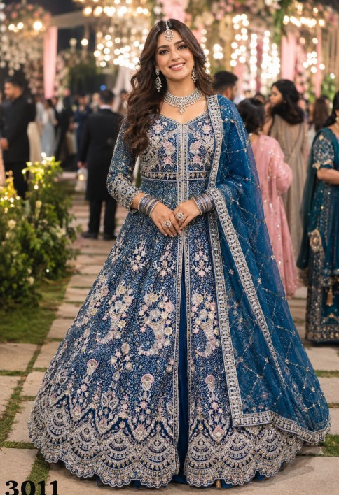 Exciting Embroidered Net Blue Lehenga Choli
