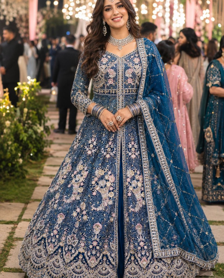 BLUE - Exciting Embroidered Net Blue Lehenga Choli