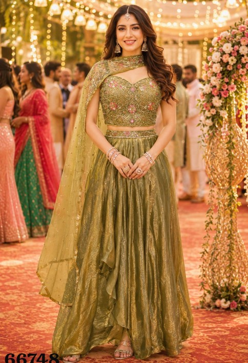 Green Fandy Embroidered Work Lehenga Choli for Ceremonial